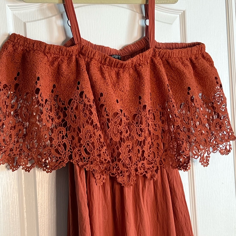 Bloom Chic Lace Off-Shoulder Dress in Rust - Picture 7 of 9